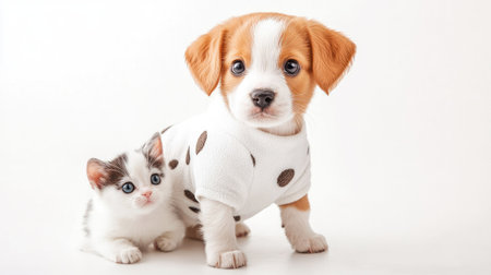 A charming puppy and a playful kitten pose together in matching outfits on a soft white background, showcasing their adorable friendship and playful spirit.の素材