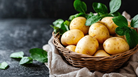 A beautifully arranged woven basket filled with freshly harvested potatoes, complemented by green leaves, showcasing a rustic and healthy lifestyle in food preparation.の素材