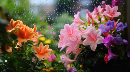 A beautiful scene of colorful flowers in a garden, adorned with delicate raindrops on a window. This image captures the essence of tranquility and vibrant nature.の素材
