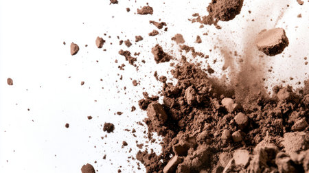 Captivating image of a brown dust explosion that creates an energetic and dynamic visual effect against a white background, ideal for creative projects.の素材
