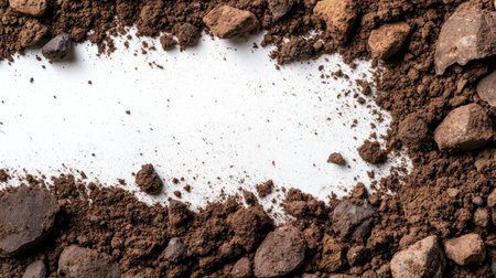 Close-up view of rich brown soil featuring various stones and pebbles. The white space in the center offers a perfect area for text overlay or design use.の素材
