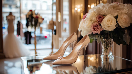 Stunning high heels elegantly displayed near a beautiful floral arrangement in a boutique setting, evoking romance and luxury for special occasions.の素材