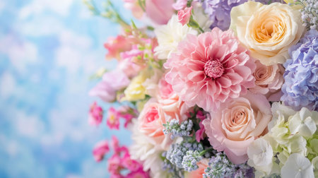 A stunning floral arrangement featuring soft pink and purple blooms captures the essence of nature's beauty. Ideal for celebrations or decorative themes.の素材