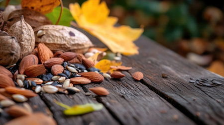 A captivating arrangement of assorted nuts and seeds on a rustic wooden surface, accented by colorful autumn leaves, showcasing the beauty of seasonal harvest.の素材