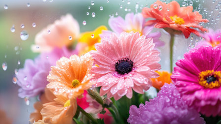 A stunning close-up of a colorful flower bouquet adorned with water droplets, capturing the essence of freshness and vibrant beauty in nature.の素材