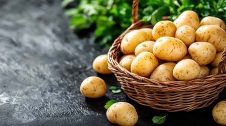 A rustic basket filled with freshly harvested potatoes sits on a dark surface. This beautiful arrangement highlights the natural beauty of fresh produce, perfect for culinary inspiration.の素材