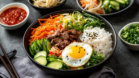 A beautifully arranged Korean bibimbap featuring rice topped with assorted fresh vegetables, tender beef, a sunny-side-up egg, and a drizzle of chili sauce, perfect for a nutritious meal.の素材