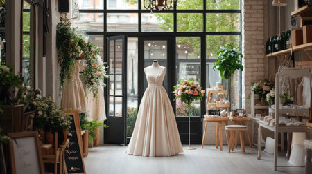 A beautifully arranged bridal boutique showcasing an elegant wedding dress on a mannequin. The atmospheric setting features floral arrangements and stylish decor, perfect for weddings.の素材