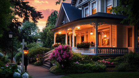 This beautiful Victorian house showcases stunning gardens at sunset, featuring vibrant flowers and warm lighting, creating a serene and inviting atmosphere for all.の素材