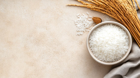 A serene arrangement featuring a bowl of white rice next to rice grains and dry straw, set against a soft neutral background, perfect for culinary or food-related projects.の素材