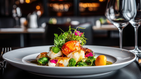 A beautifully presented gourmet seafood dish garnished with fresh herbs and vegetables, ideal for showcasing culinary artistry in high-end dining settings.の素材