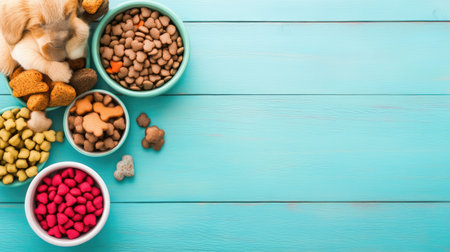 This image showcases a beautiful arrangement of assorted pet food bowls placed on a vibrant turquoise surface, perfect for highlighting pet care and nutrition themes.の素材