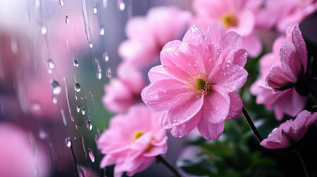 A stunning close-up of delicate pink flowers adorned with raindrops on a glass window. This serene scene captures nature's beauty, evoking peaceful feelings.の素材