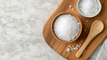 A wooden board displays bowls of coarse and fine salt, adding a gourmet touch to kitchen preparation. Perfect for food styling and presentation.の素材