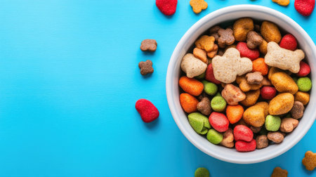 A vibrant bowl filled with assorted colorful pet treats rests on a bright blue surface. Ideal for pet lovers showcasing nutrition and joy in feeding.の素材