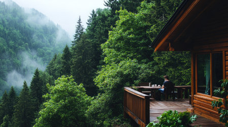 A serene cabin nestled in a lush green forest, offering a tranquil retreat with a foggy landscape. Perfect for relaxation and connecting with nature.の素材