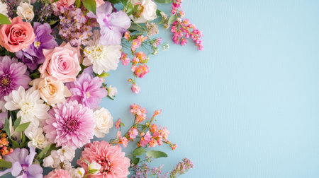 A vibrant floral arrangement featuring roses, dahlias, and other blossoms on a light blue background. Perfect for weddings, celebrations, or nature themes.の素材