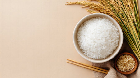 A beautifully arranged composition featuring fresh white rice in a bowl, complemented by rice grains and chopsticks, set against a soft beige background, ideal for culinary and food-related themes.の素材