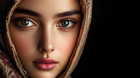 A captivating close-up portrait of a young woman adorned with a delicate headscarf, showcasing her striking features and soulful expression against a dark background.の素材