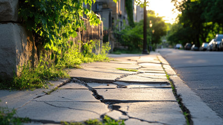 A close-up view of a cracked sidewalk bathed in warm sunlight, featuring lush greenery along the edges, offering a serene urban scene of nature intertwined with city life.の素材