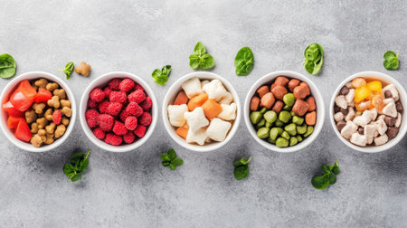 A vibrant display of various pet treats in bowls, featuring colorful snacks made from healthy ingredients. Ideal for pet lovers and retailers.の素材