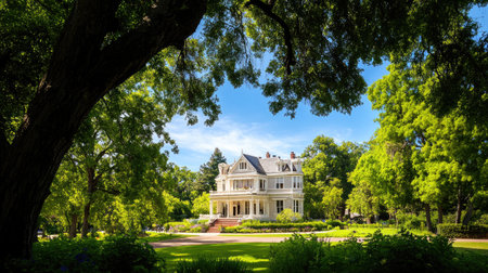 A stunning Victorian mansion rests gracefully amidst vibrant greenery and trees, showcasing classic architectural beauty with sunny skies above, perfect for a tranquil retreat.の素材