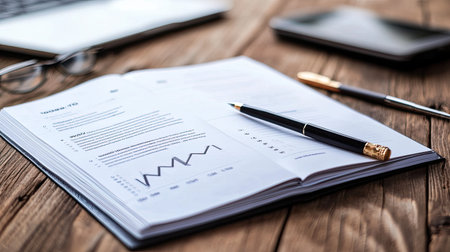 A stylish workspace featuring an open notebook with graphs, a pen, and a laptop, creating an inspiring environment for productivity and planning tasks.の素材