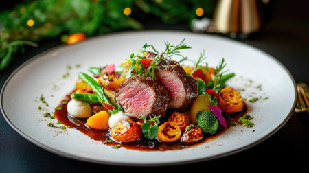 Captivating gourmet dish featuring tender meat, vibrant vegetables, and rich sauce, showcasing culinary art and fresh ingredients for an elegant dining experience.の素材