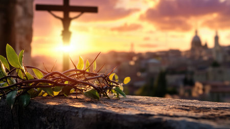 A serene sunset view featuring a cross and a crown of thorns resting on ancient stone, symbolizing faith and spirituality against a beautiful horizon.の素材