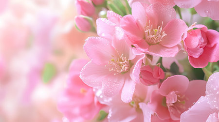 This image showcases soft pink blossoms with delicate petals and fresh dew drops, embodying the beauty and tranquility of nature in a serene setting.の素材