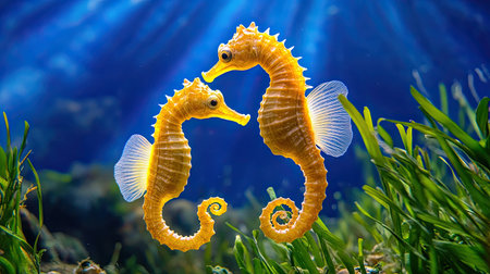 This captivating underwater image features two yellow seahorses embracing in a serene underwater setting, surrounded by lush green sea grass and gentle sunlight.の素材