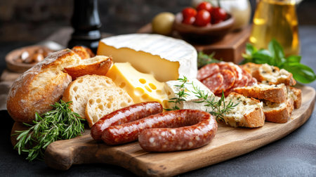 A beautifully arranged charcuterie board featuring various cheeses, cured meats, fresh bread, and vibrant garnishes, perfect for any gathering or picnic.の素材
