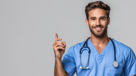 A confident male doctor in blue scrubs smiles and points upward, symbolizing positivity and readiness to assist. Ideal for healthcare and medical themes.の素材