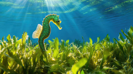 A stunning seahorse glides gracefully through vibrant underwater plants, illuminated by soft rays of sunlight. This serene marine scene captures the beauty of ocean life.の素材