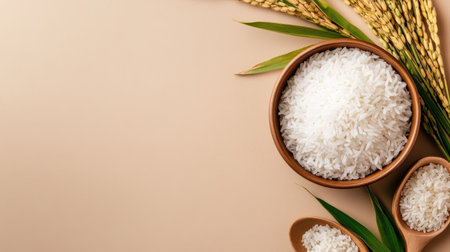 A beautiful arrangement featuring fresh white rice in a bowl alongside raw rice grains and green leaves, perfect for showcasing natural cuisine and healthy eating.の素材