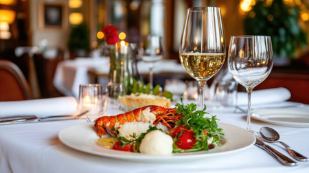 Experience a lavish dining moment with a gourmet seafood dish featuring lobster, fresh salad, and exquisite white wine in an elegant restaurant ambiance.の素材