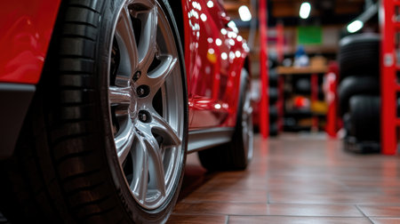 Close-up view of a shiny car tire in an auto repair shop. The emphasis on the wheel highlights precision engineering and provides an insight into automotive maintenance.の素材