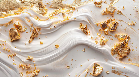 A stunning abstract image featuring a smooth white surface enhanced by shimmering gold elements. Perfect for backgrounds in design and art projects.の素材