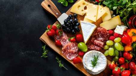 A visually appealing charcuterie board featuring a variety of cheese, cured meats, and fresh fruits. Perfect for gatherings or casual dining.の素材