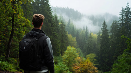 A young man stands in a lush green forest, surrounded by tall trees and gentle fog, evoking a sense of adventure and tranquility in nature's beauty.の素材