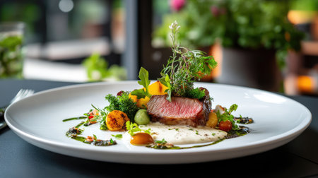 Discover an exquisite fine dining dish featuring tender grilled meat, vibrant vegetables, and artistic presentation that delights the senses. Perfect for culinary enthusiasts.の素材