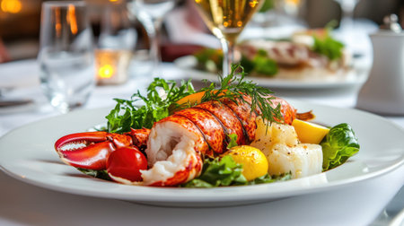 A beautifully plated lobster dish with fresh vegetables, garnished with herbs and served alongside a glass of wine, perfect for an elegant dining experience.の素材