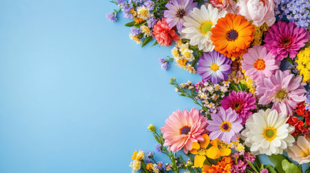A beautiful arrangement of colorful spring flowers on a soft blue background. Perfect for design, decoration, and floral concepts celebrating natureの素材