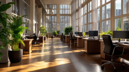 Spacious and bright office area featuring large windows, green plants, and modern desks. Ideal for showcasing a professional and inviting workspace environment.の素材