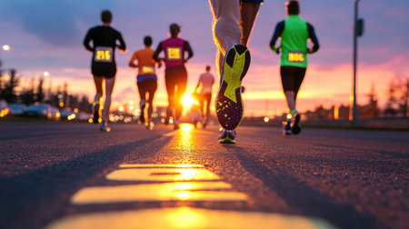 A dynamic scene of dedicated athletes running towards the sunset during a competitive event, showcasing teamwork, determination, and physical excellence on a vibrant urban road.の素材