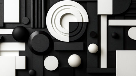 This abstract composition showcases a harmonious blend of geometric shapes in black and white, emphasizing varying textures and sizes, ideal for design inspiration.の素材