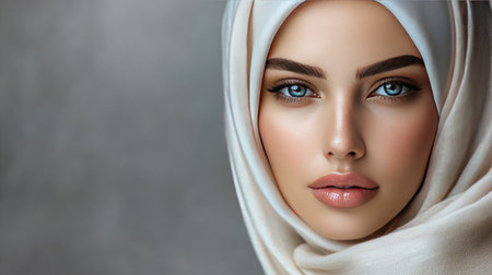 A captivating portrait of a woman wearing a hijab, showcasing her stunning blue eyes and flawless complexion. This image radiates elegance and beauty.の素材