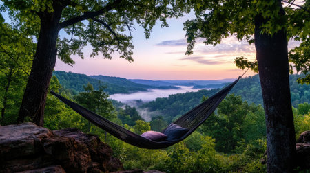 A picturesque view of a hammock strung between two trees, overlooking a misty valley at dawn. The serene landscape invites relaxation and connection with nature.の素材