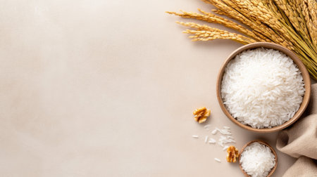 A serene composition showcasing fresh rice in a wooden bowl alongside an ear of rice, celebrating the beauty of natural ingredients and traditional farming.の素材
