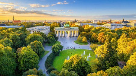This stunning aerial view captures the Brandenburg Gate in Berlin surrounded by vibrant green trees and a dynamic city skyline, illuminated by sunset.の素材